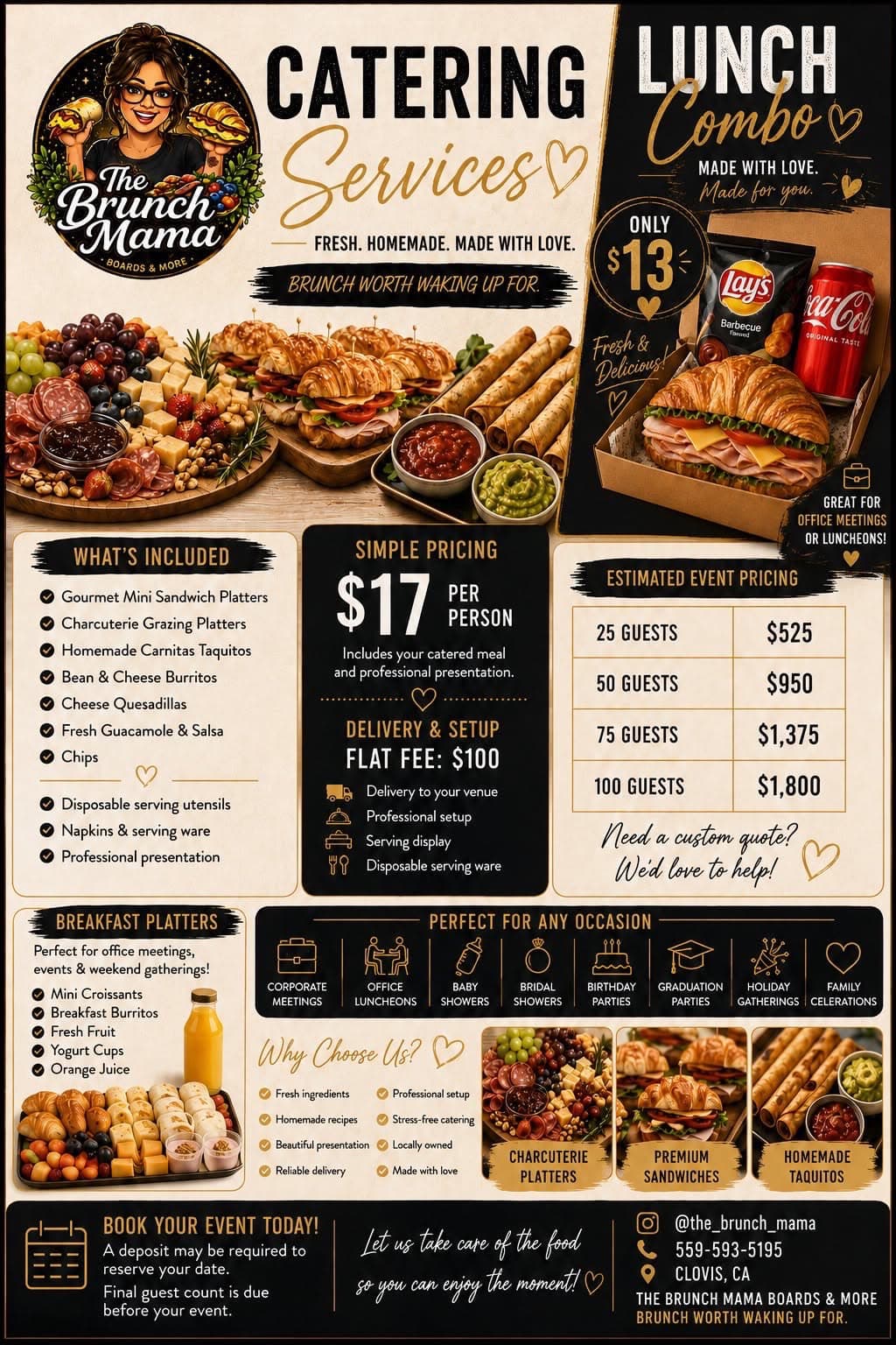 The Brunch Mama catering flyer: Catering Services at $17 per person, plus a $100 flat fee for delivery and setup, and a $13 Lunch Combo with a sandwich, chips and a drink.